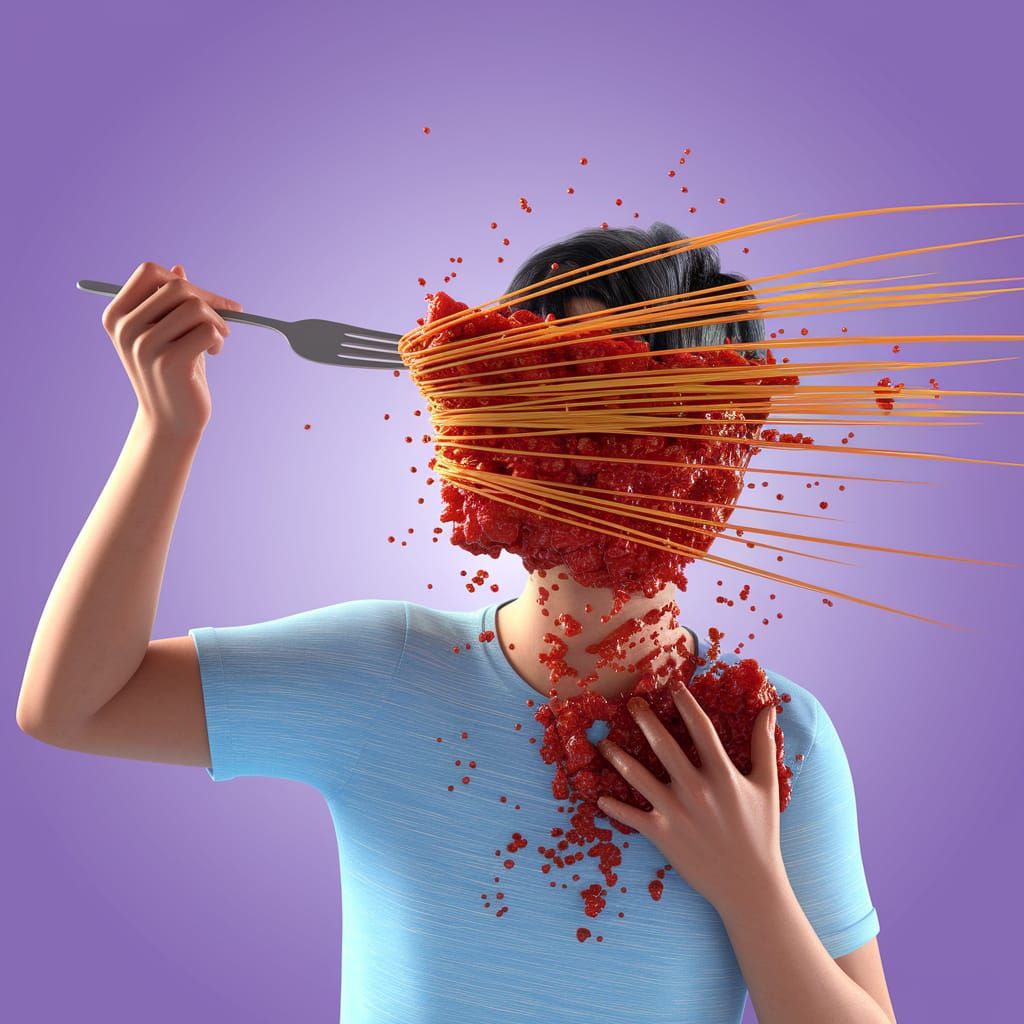 A person twirling pasta with a fork, but a huge strand of spaghetti is stuck across their face, tomato ...  by @Jose