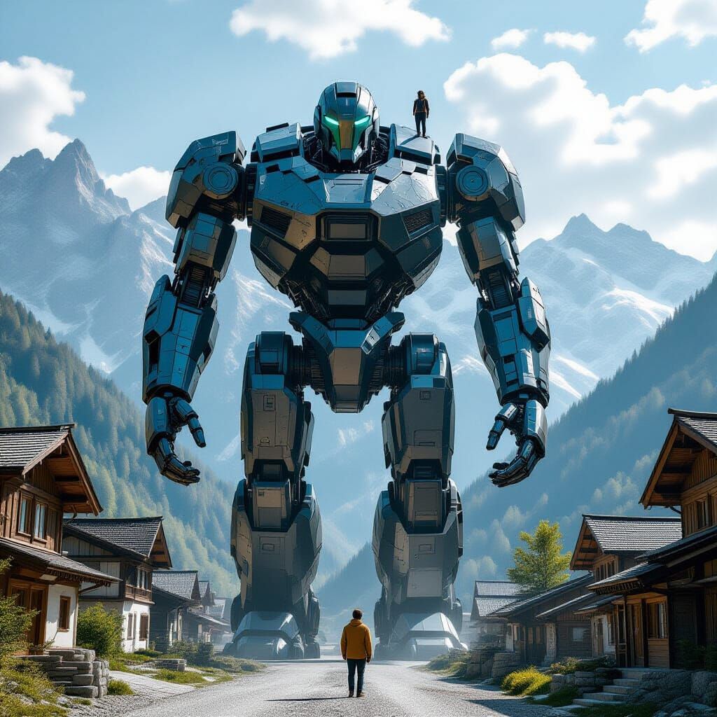 mountains with massive human robot with person on the shoulder going into a village