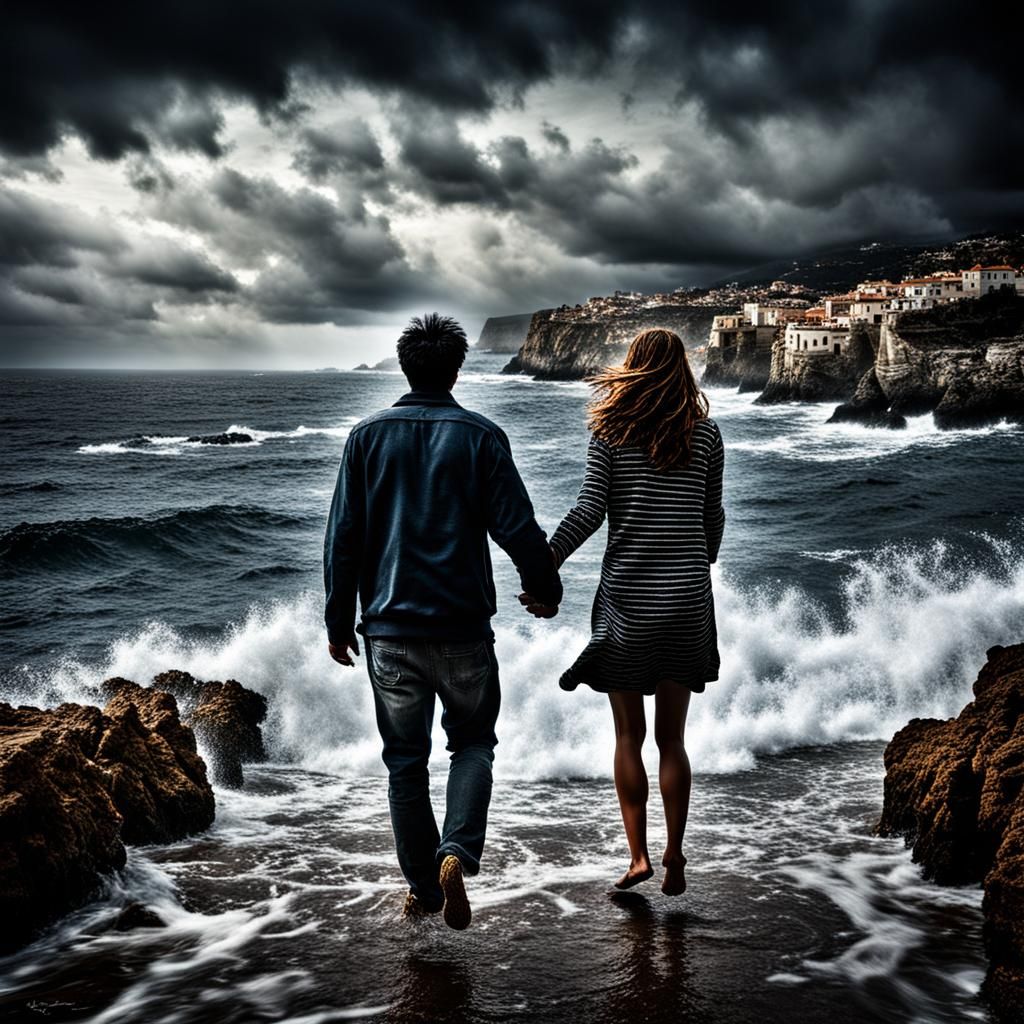 A couple walking on the sea