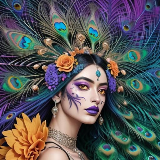 Beautiful woman with metallic rose skin, peacock feathers ha...