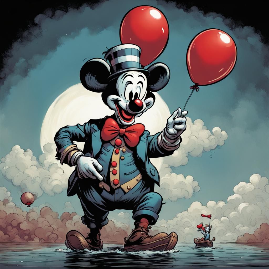 old steamboat willy Disney style of the clown It holding a red balloon ...