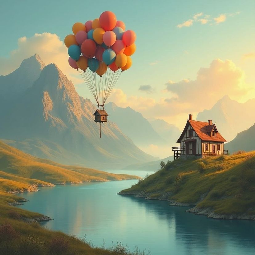Two mountains, a hill with a lake, the sunset and, house flying with