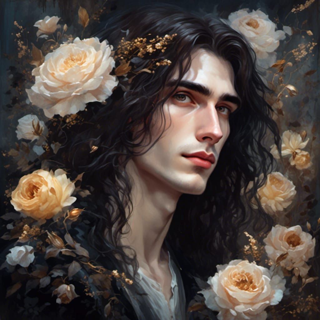 <lora:Fairytale dark:1.0> Very pale skin young lean man with dark brown hair, long hair,  painting style, flowers, very dark colors, golden...
