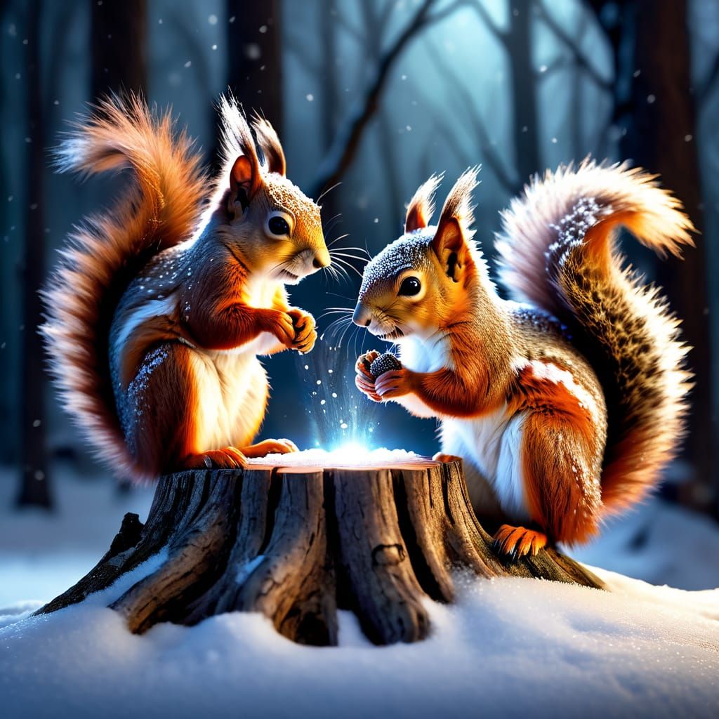 Squirrels huddled together in winter while it's blizzard