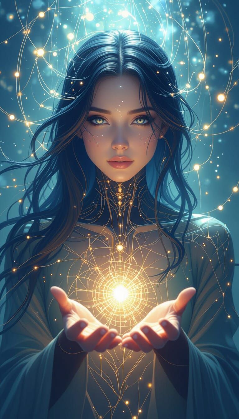 Evolving Intelligence: Luminous Figure in Deep Blues and Gol...