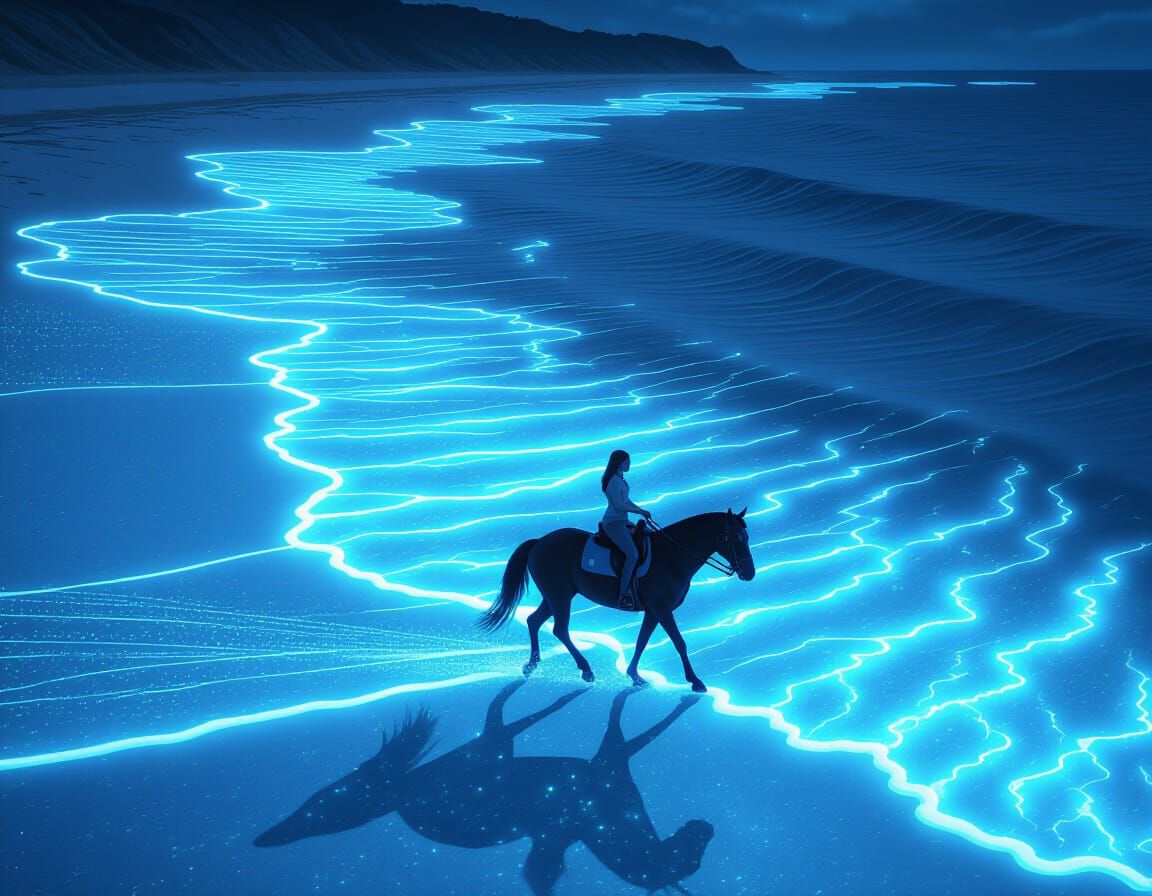 Bioluminescent waves lighting up the shoreline with a soft, blue glow. A girl on horseback trots in the ...  by @rrruss