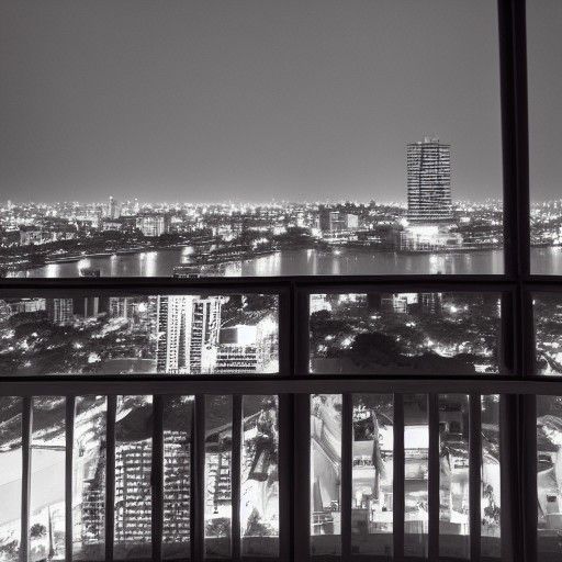 film noir, view of the Bangkok city skyline from Hotel Room