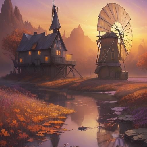 Autumn windmill sunset Fantasycore Stylized splashy Watercol...