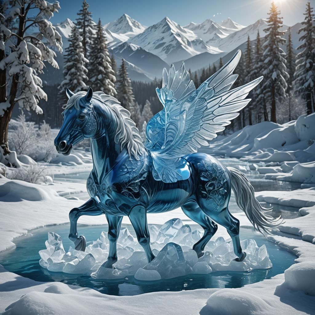 make horse fly up and away like wings solid glass ice sculpt...