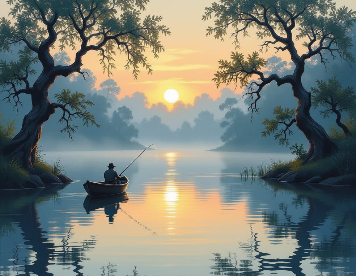 A solitary fisherman casting a line into a misty, tranquil lake at dawn  by @jpduron