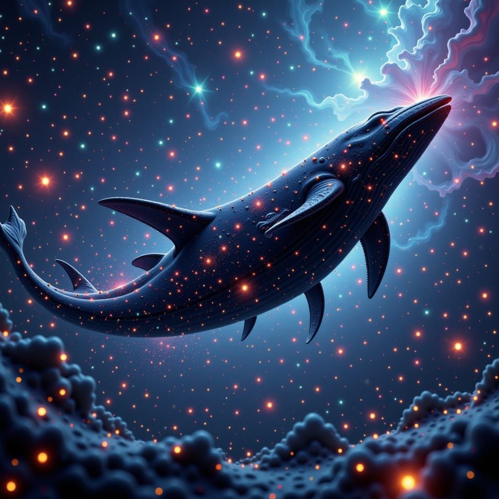 Digital art. A colossal, ancient cosmic whale drifts through a nebula of swirling stardust and nebulae. Its skin is patterned with constella...