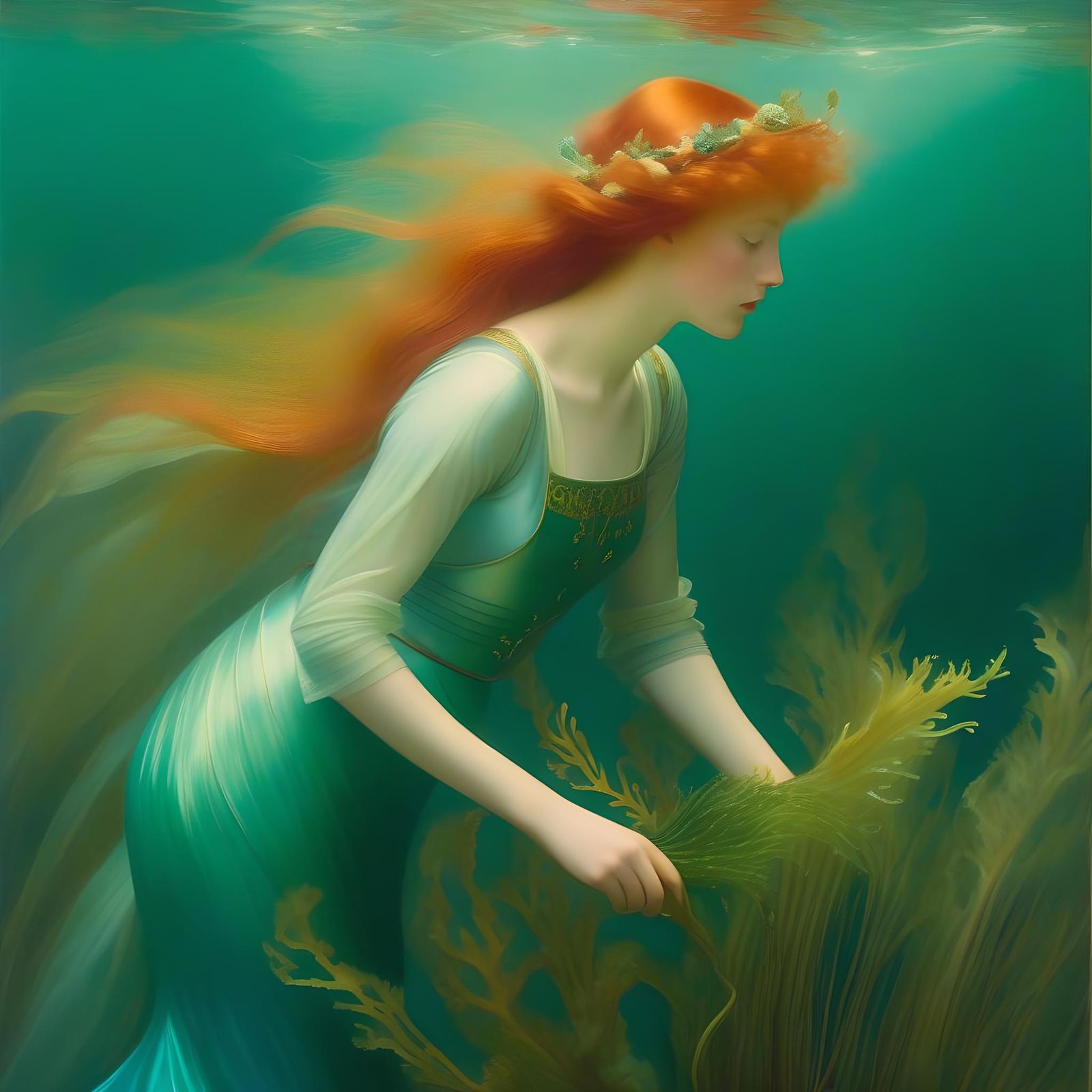 Red-Haired Mermaid Underwater in Pre-Raphaelite Style