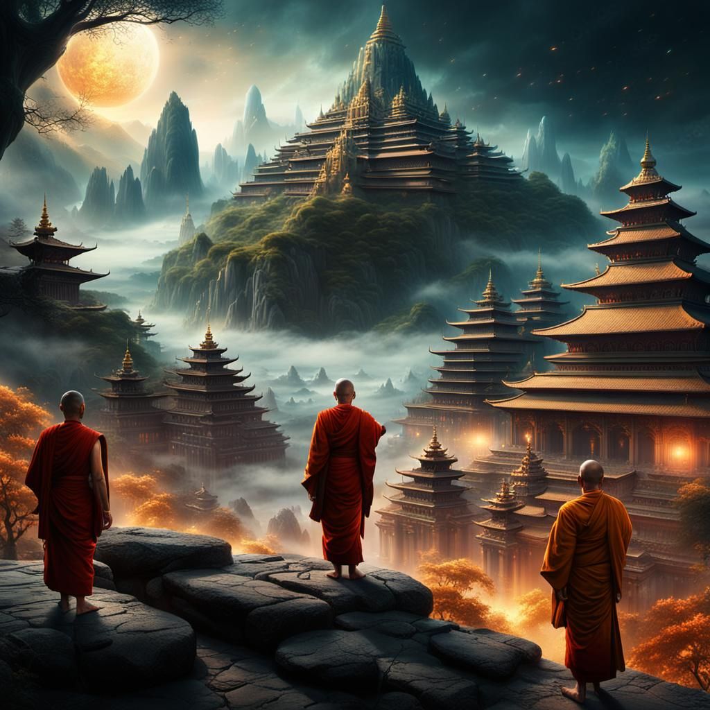 Ethereal Buddhist Monks in a Dreamlike Indian Landscape