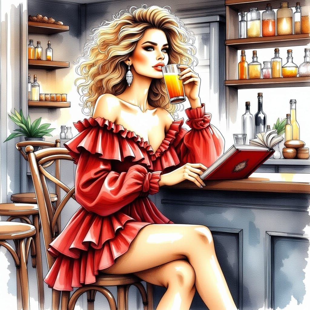 <lora:BeautifulPaintingFx:1.0> A stunning woman sitting , drinking orange juice ,reading a book, on bar, red short dress with ruflles, blond...