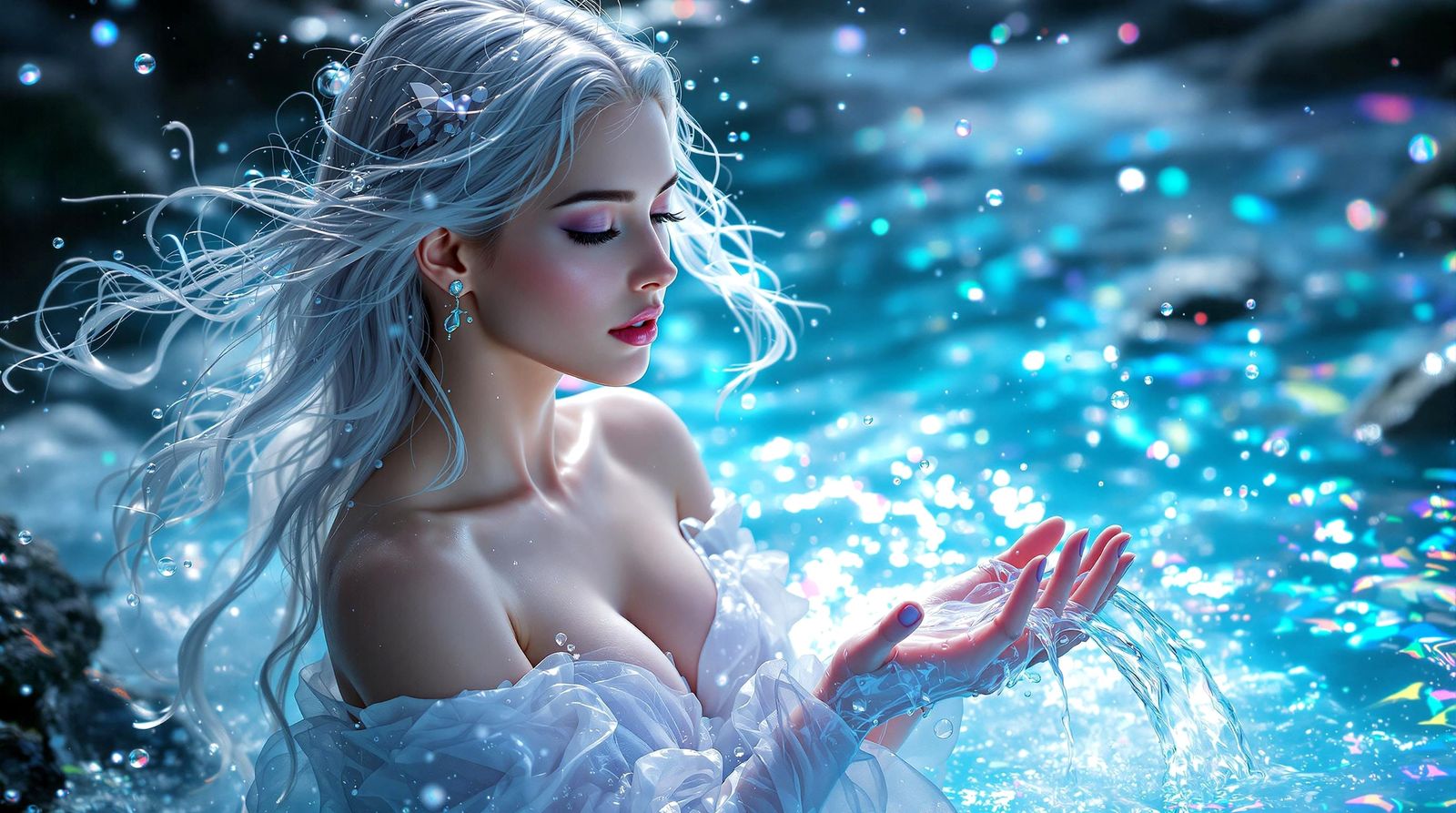 **Aquarius:** An ethereal water-bearer woman, with flowing water cascading from her hands into a vibrant river, adorned ...