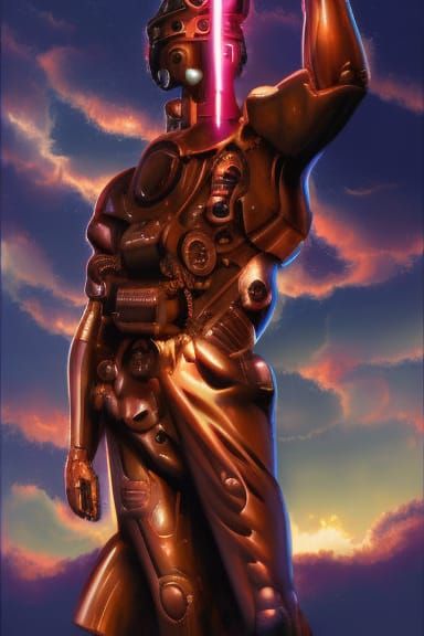 An oil painting of the Statue of Colossus