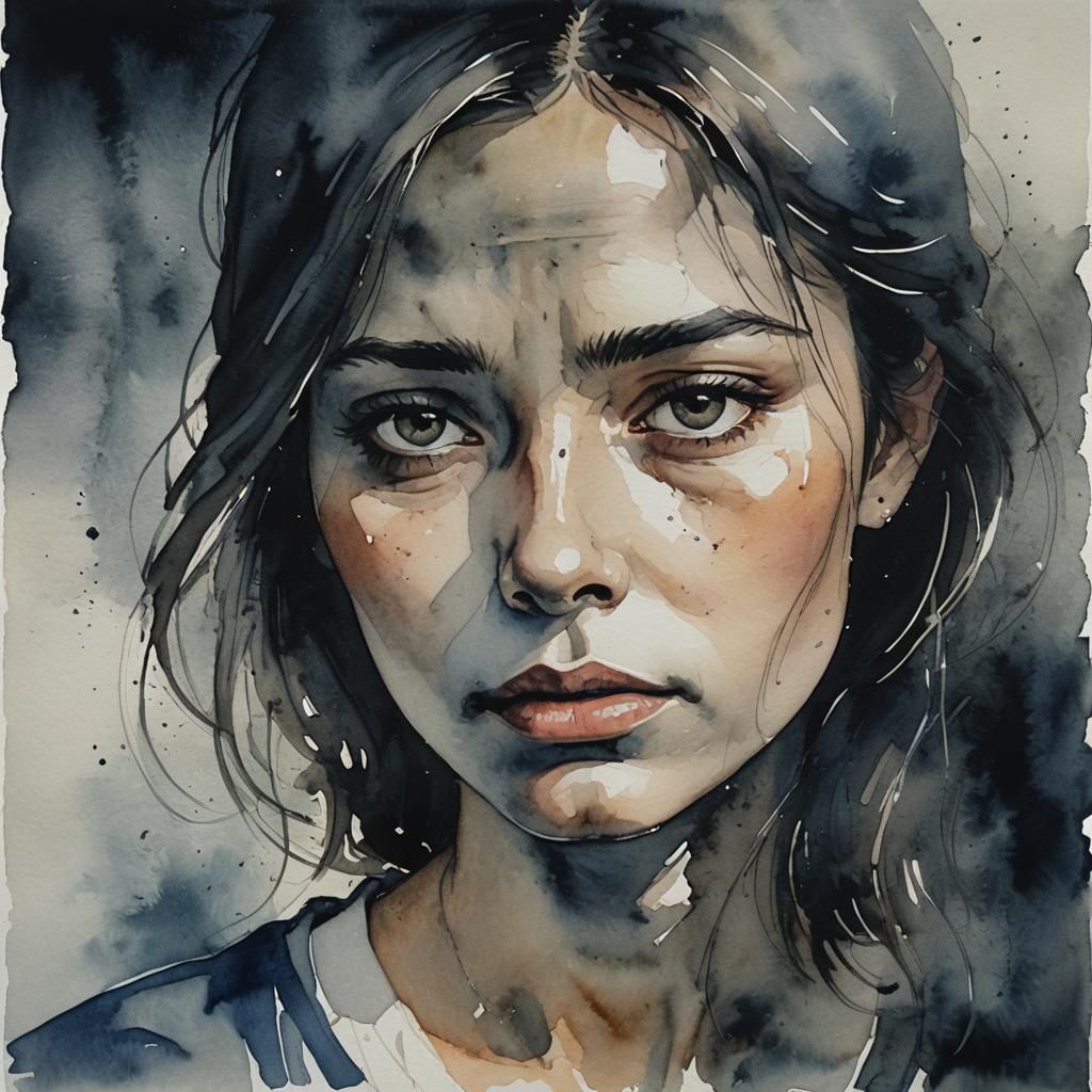 This watercolor painting depicts a single person with a thoughtful or melancholic expression.  A lonely, ...  by @Yapay Dusler