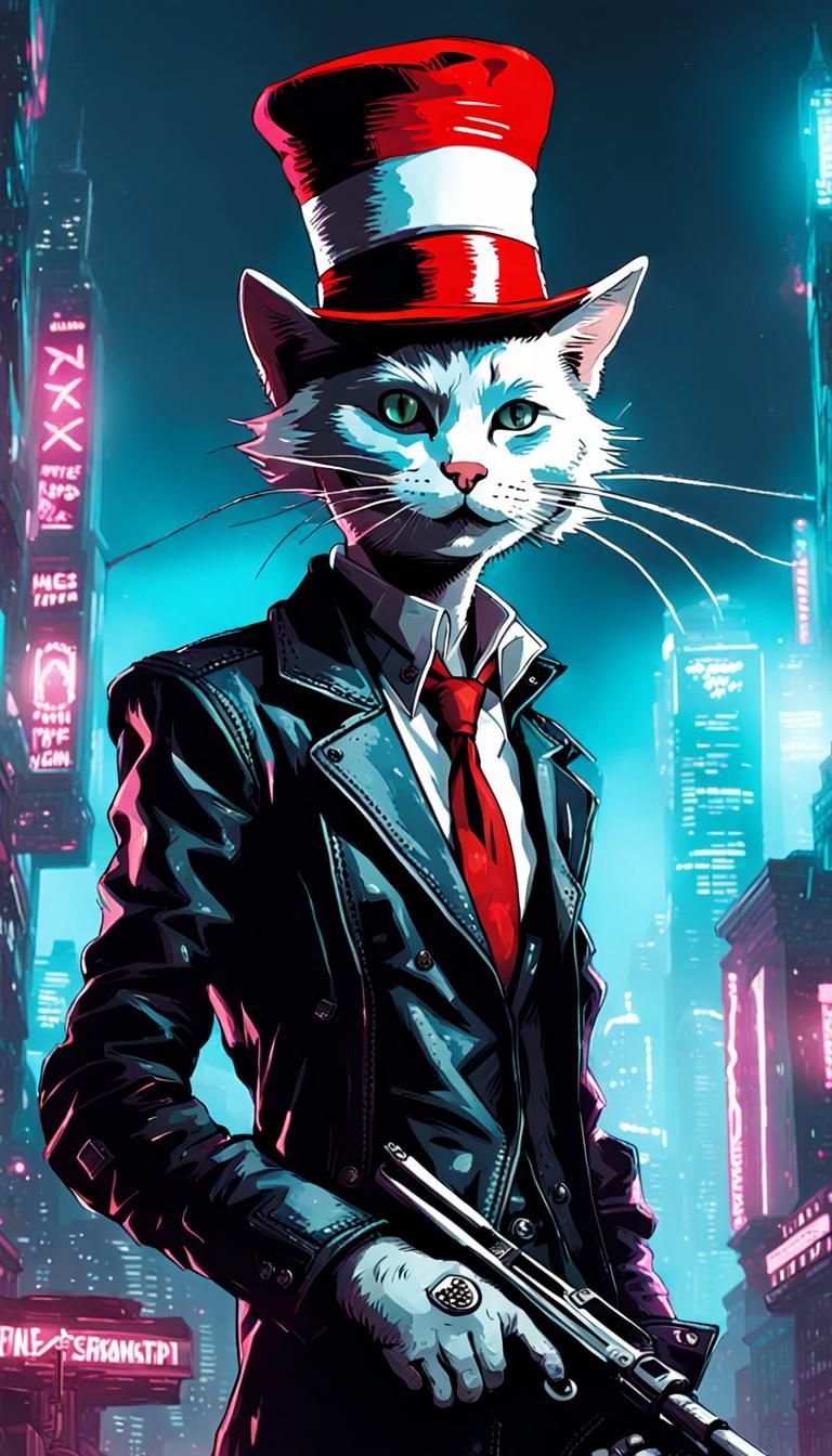 The cat in the hat in  cyberpunk