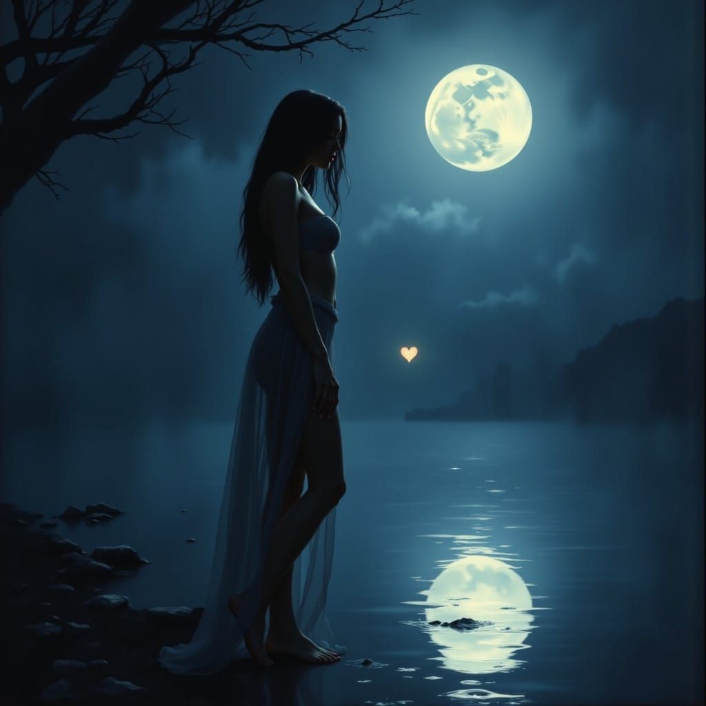 <lora:Heart:1.0> A beautiful exotic woman with a willowy physique stands barefoot by a river Bank at night, a<lora:Heart:1.0> heart flows wi...