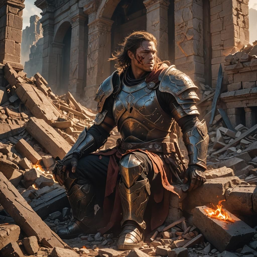 Wounded Earth Warrior in Ruined Landscape