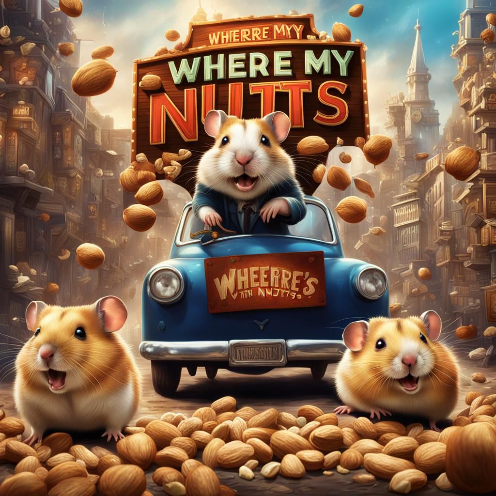 Movie Poster of a comedy movie with hamsters with a sign saying "where's my nuts"  by @jnatas