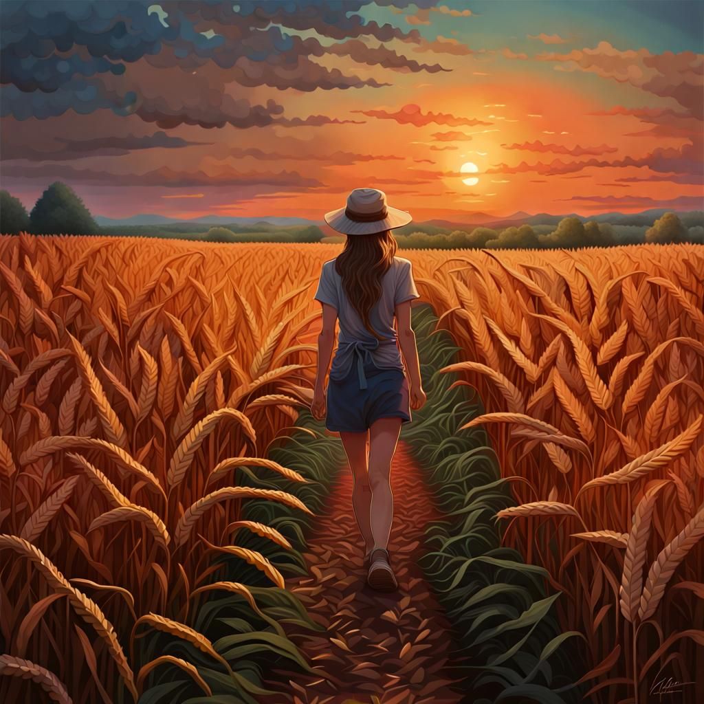 Hyperrealistic Girl Walks at Sunset Between Fields