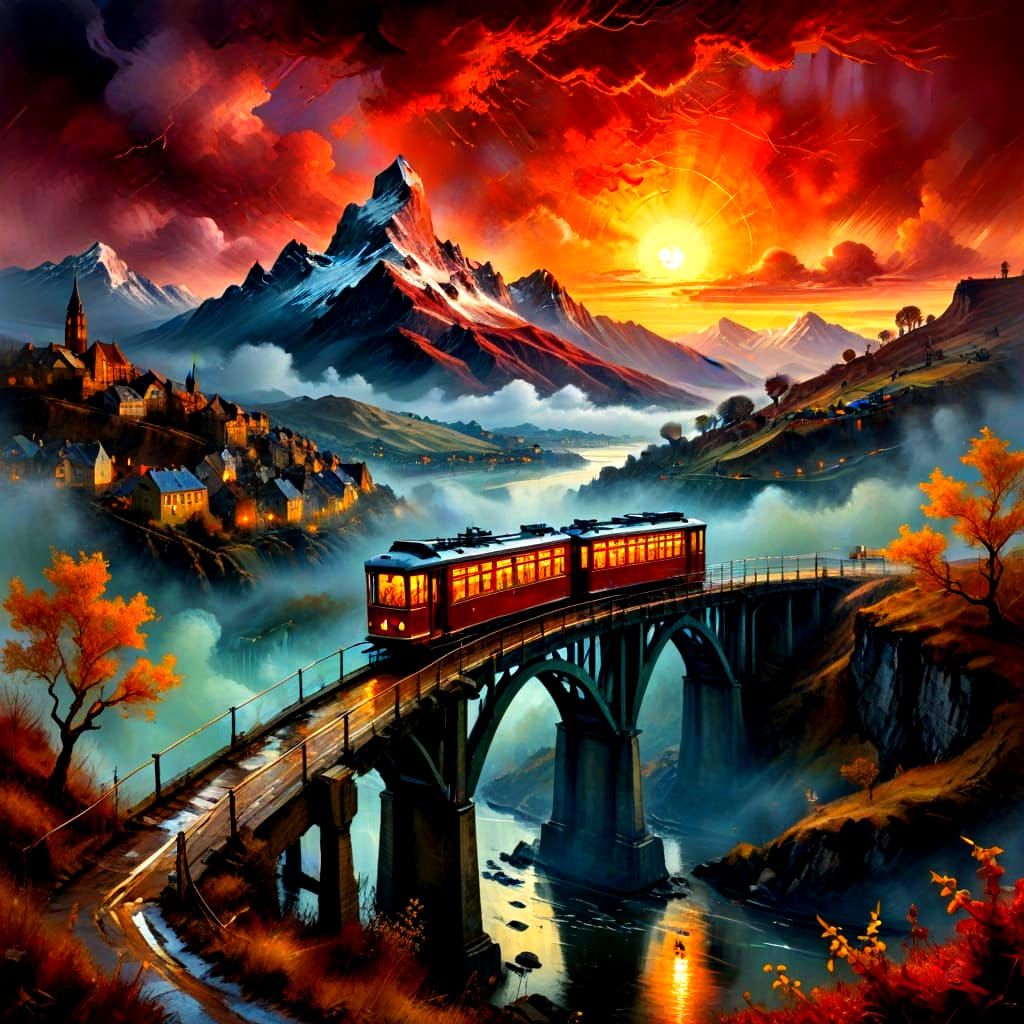 beautiful majestic breathtaking winter snowy ice colorful alcohol ink whimsical glowing monstrous landscape of trams crossing bridge in over...