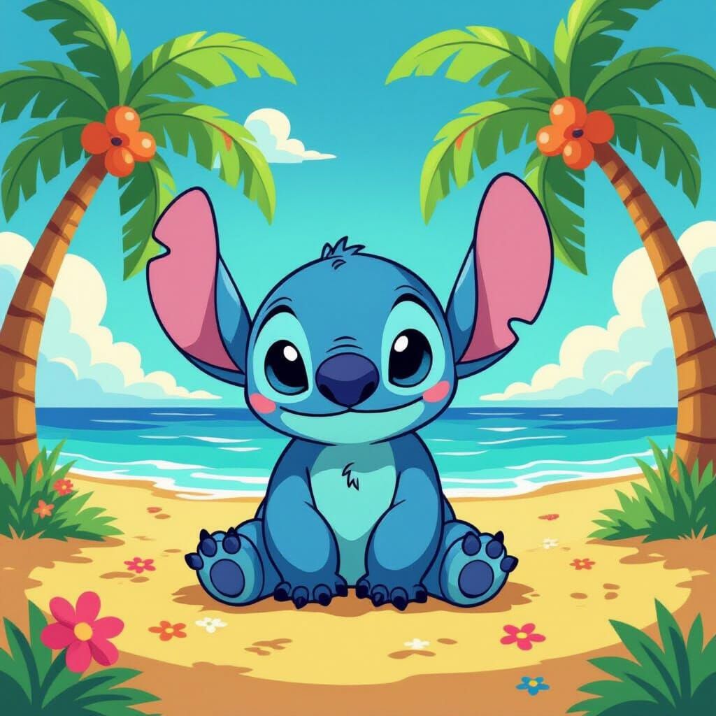 Stitch on a Vibrant Beach, Whimsical Style