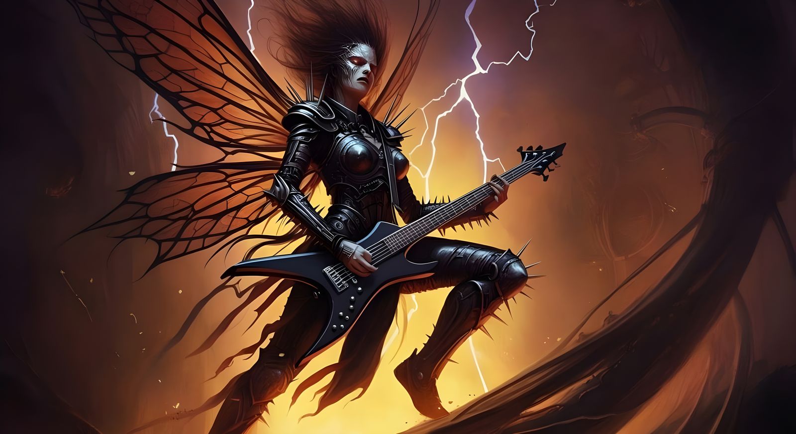 death metal fire lightning fairy on base guitar
