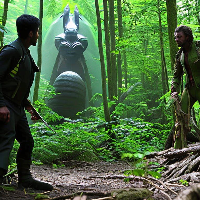 An insectoid human-sized alien meets with surprised hunters ...