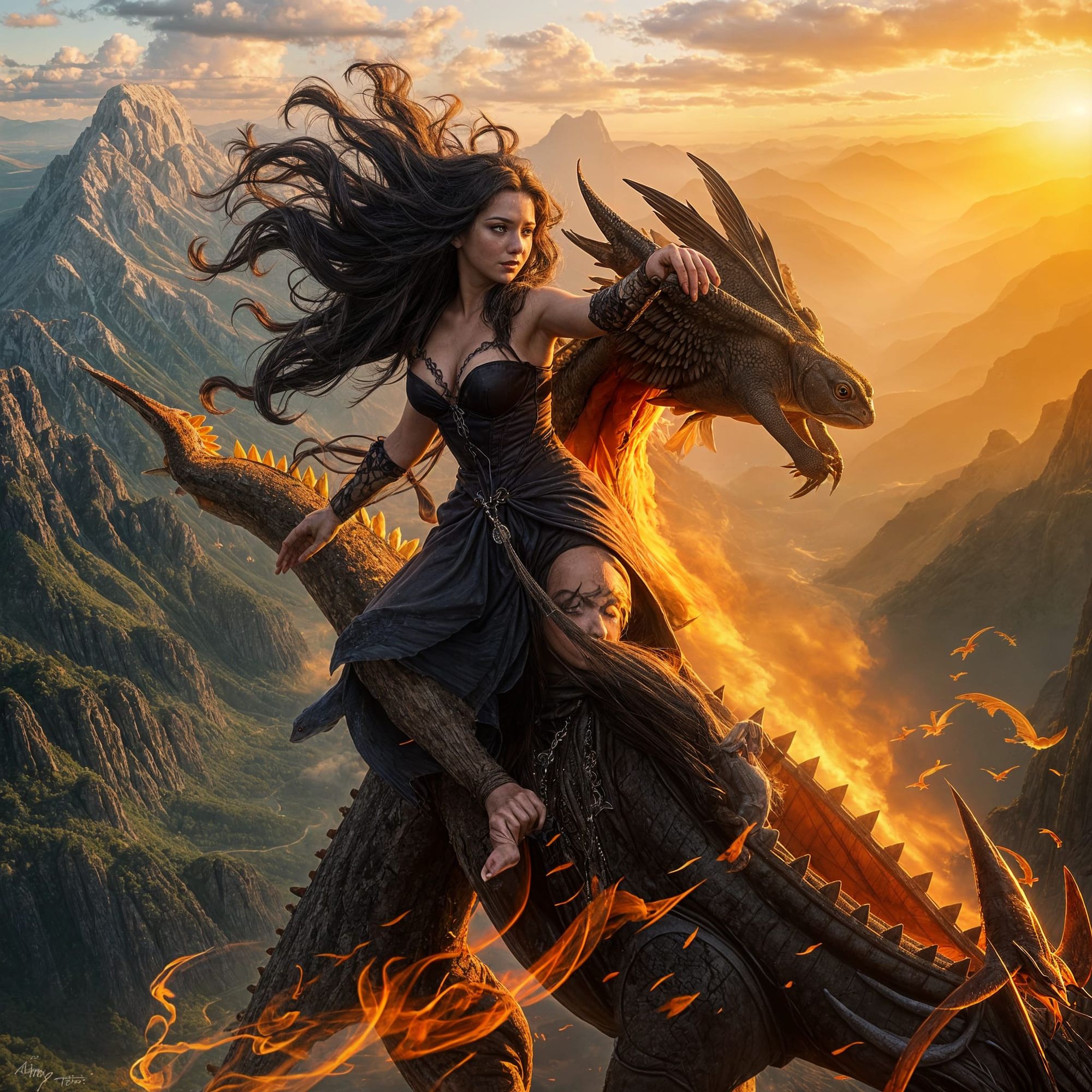 Eine wunderschöne Hexe mit dunklen glänzenden Haaren auf einem Feurigen Drachen reitend in einer wundervollen Umgebung mit Bergen und Tälern...