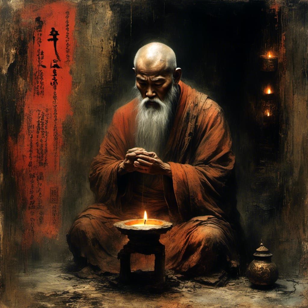 <lora:Contemplating Monk:1.0> A single candle flickering in the darkness, Contemplating, monk, portal 