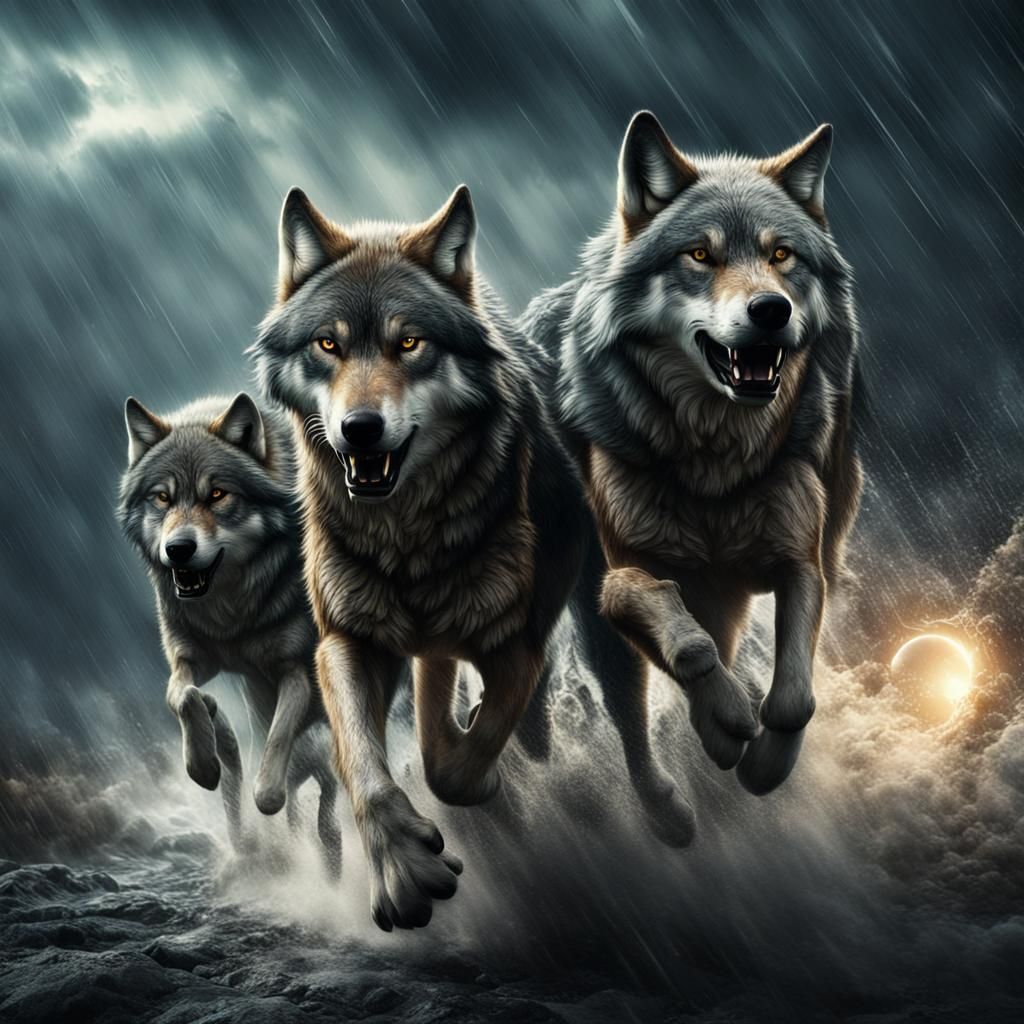 wolves running in a lighting Storm