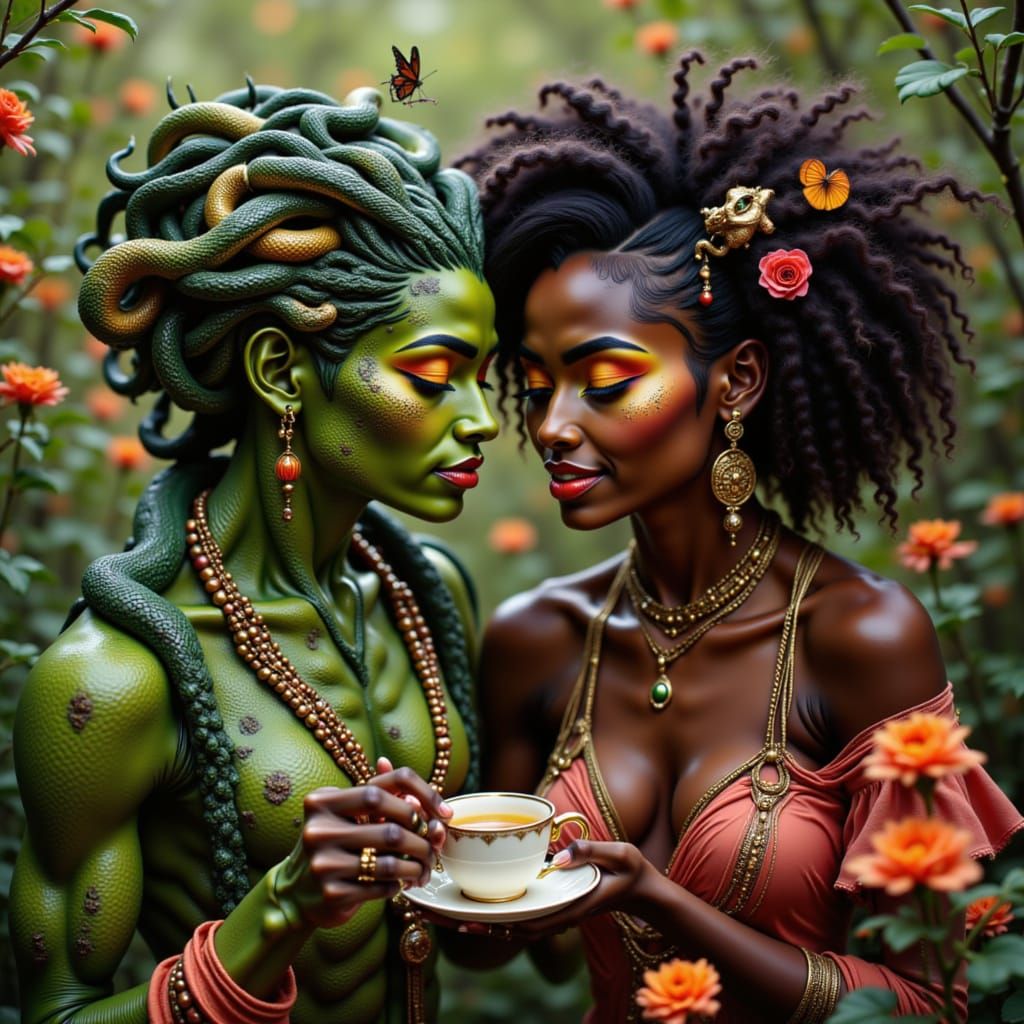 Hyper detailed image of Medusa and her blind girlfriend. Medusa is somewhat alien looking with deep green scaled skin highlighted with golde...