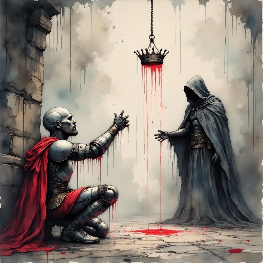 <lora:Ink Poet:1.0> A crown on a hook, hanging above a battle weary hero. dressed in red. The hero is reaching for the crown. The crown is o...