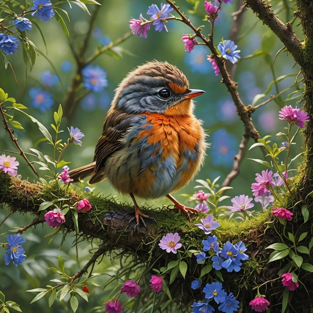 In the heart of a lush forest, a radiant grass clearing burs...