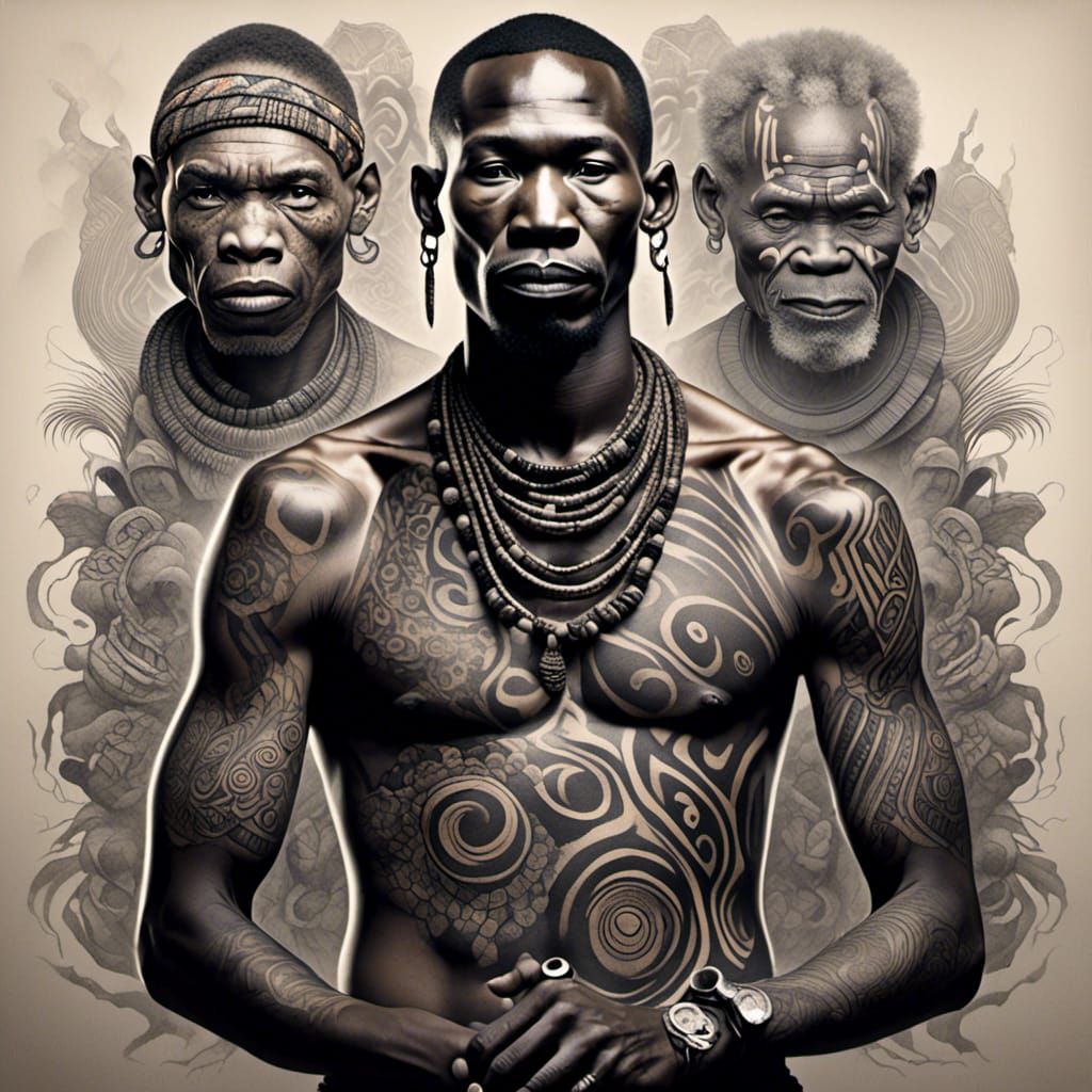 Portrait of A bare chested African tribe leader with tribal designed tattooers, a vivid tattoo starts to peel and twist, shedding its two-di...