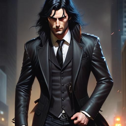 Dark powers, Male, long black hair, scruffy and torn black suit, tired ...