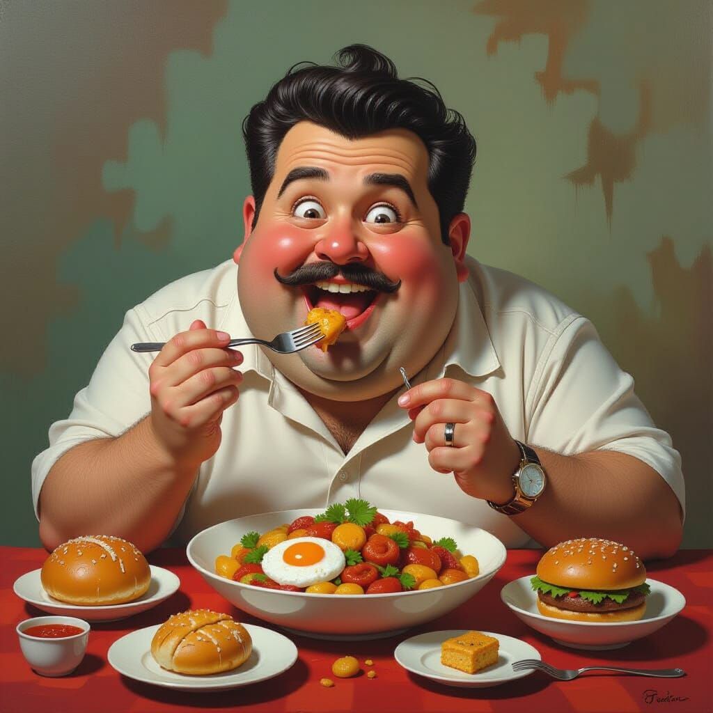 Man Happily Eating Abundant Food in Vivid Colors