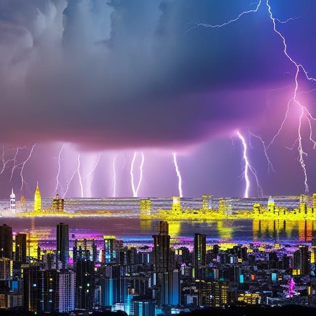 Neon lights covered in rain and lightning storms