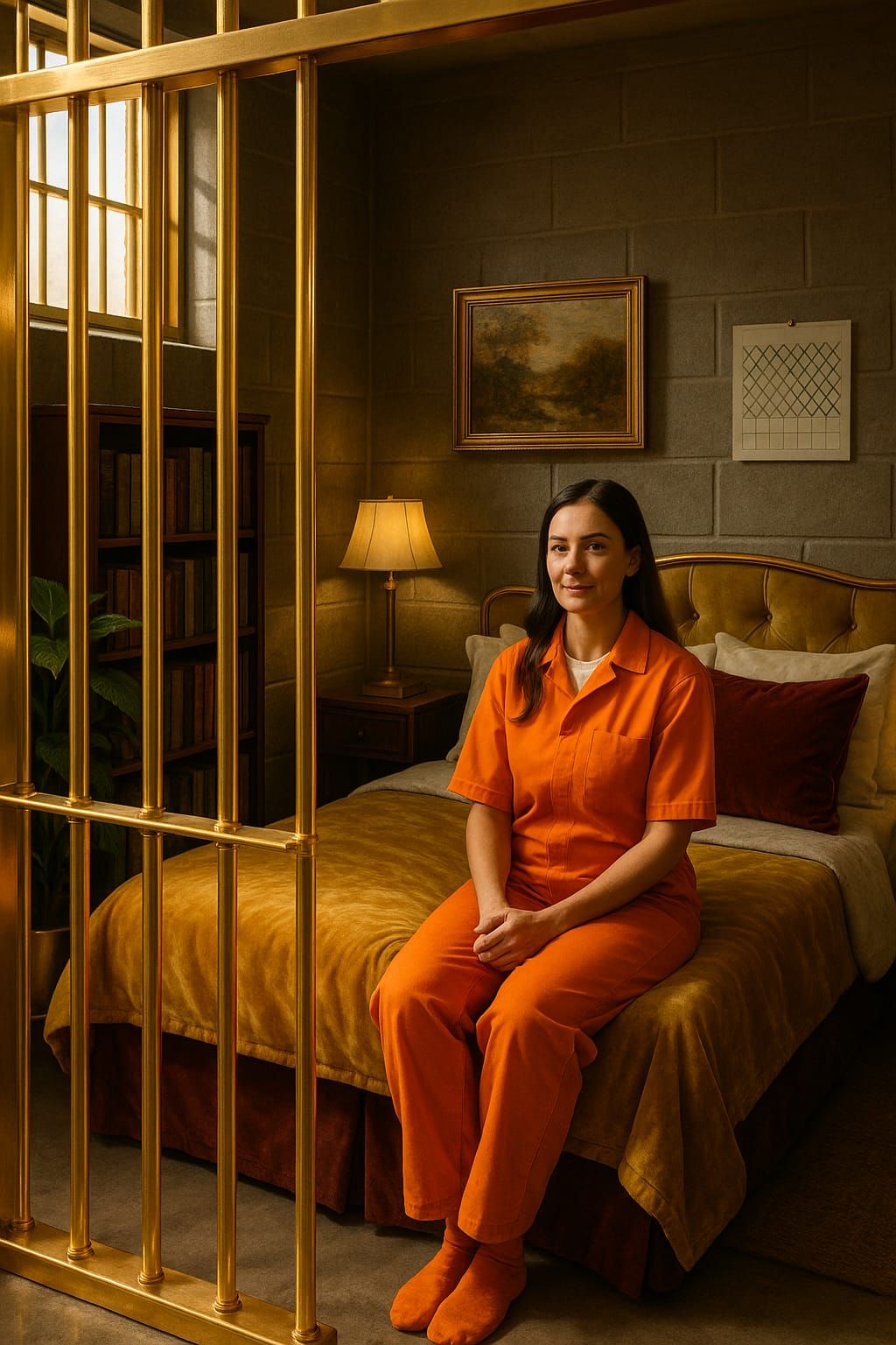Woman in orange prison jumpsuit sitting voluntary in her luxerious cell