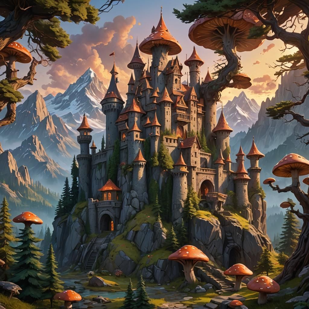 Impasto castle with giant mushrooms sunset and pine trees an...