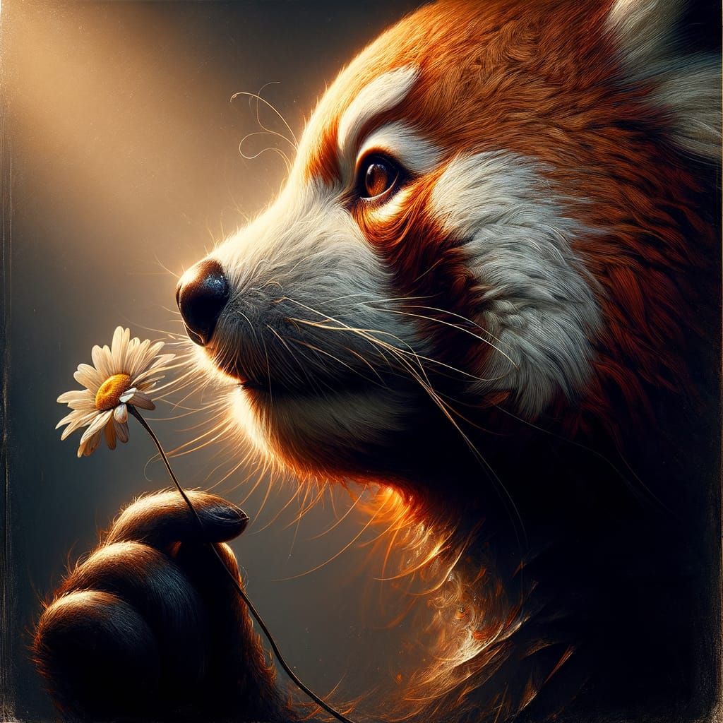  red panda with a daisy 