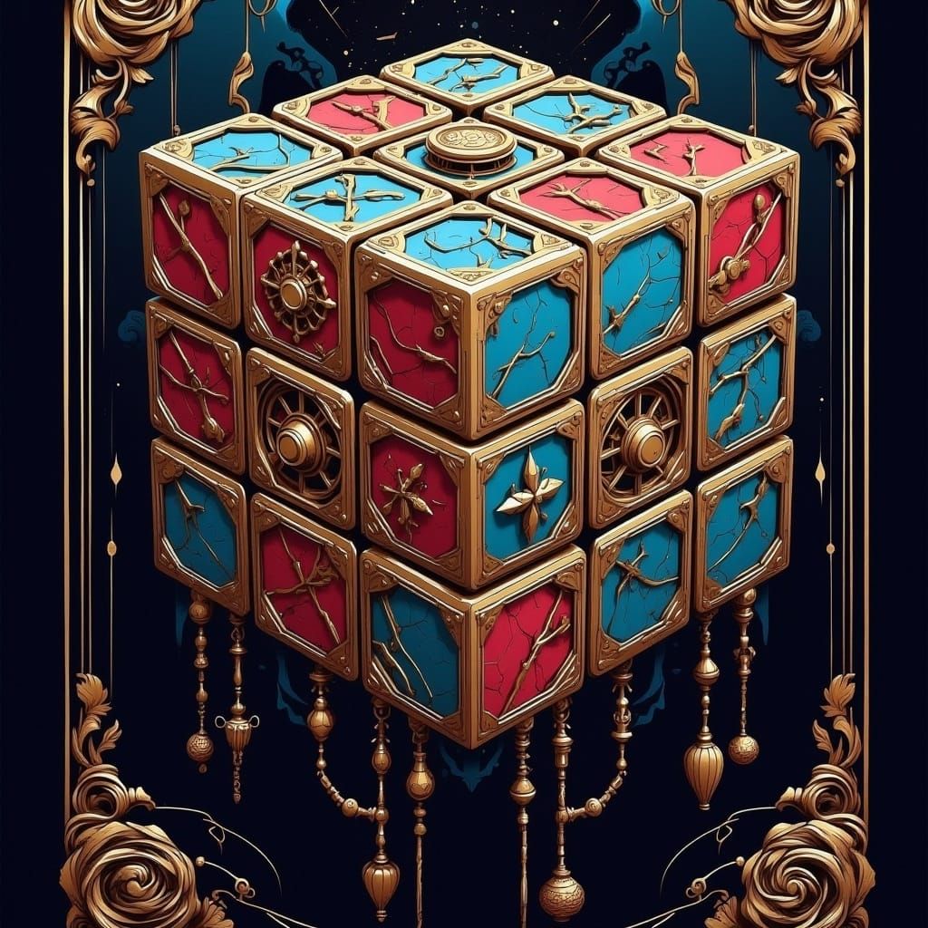 <lora:Gutterballfl:1.0> Amazingly intricate beautiful object focused image of a vibrant filigree hi tech Rubik’s cube in amazing display, go...