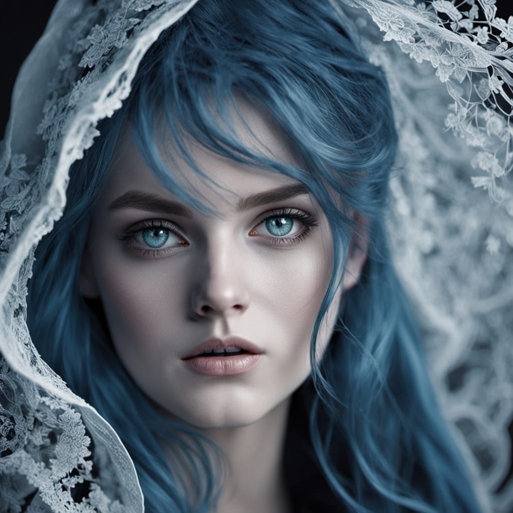 femme au regard intense avec des cheveux ondulés de couleur bleu-gris flottant au vent. Son maquillage ...  by @Abri 