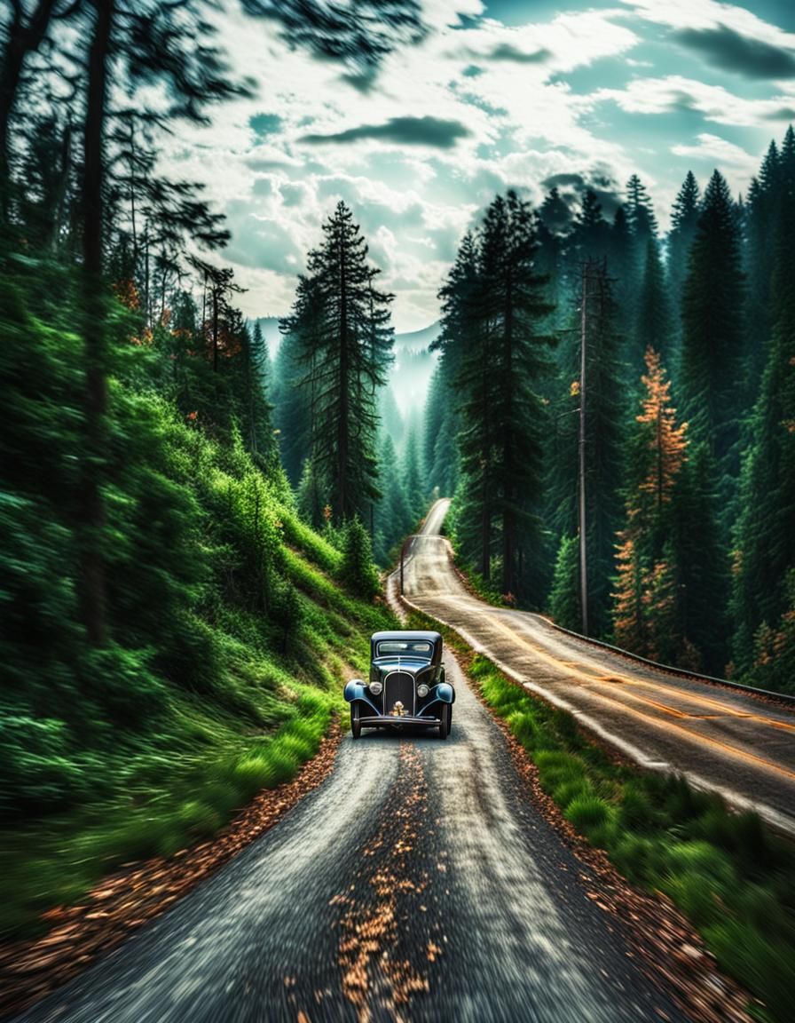An old antique car driving down a narrow road in the forest hills. intricate details, HDR, beautifully shot, hyperrealistic, sharp focus, 64...