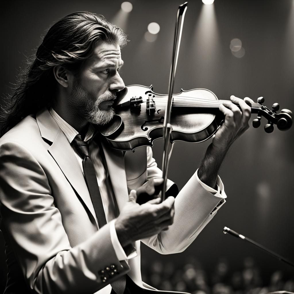 A violin being played by a beautiful long hair men, in a jaz...