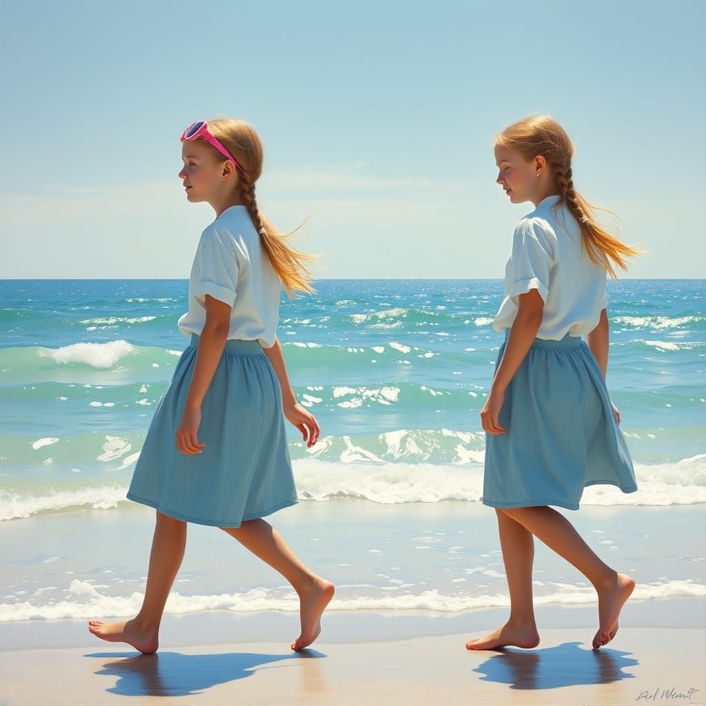 Twin Girls Stroll Along the Ocean Shore in Impressionist Sty...