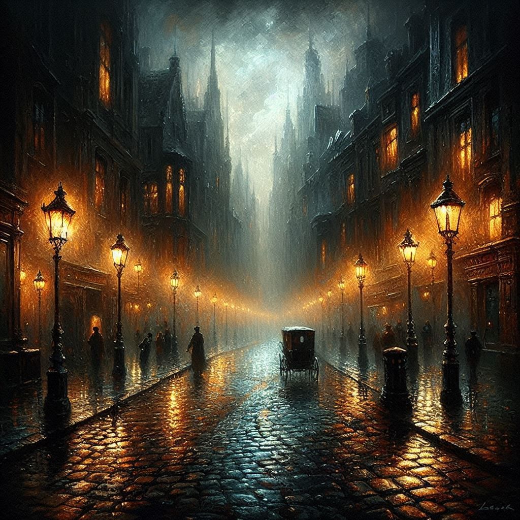 🏞️🌃🌫️🏮 A rain-slicked cobblestone street