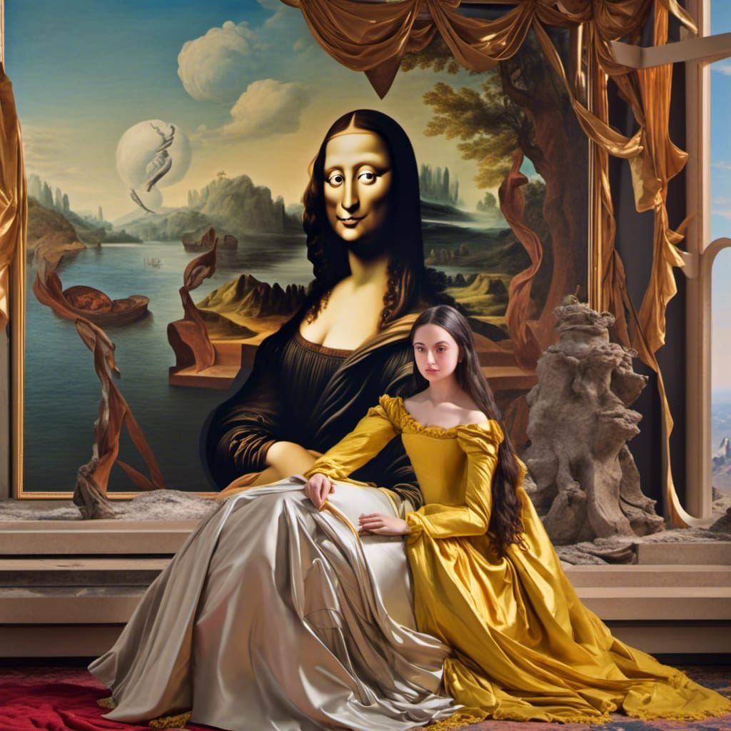 <lora:MeinaCafe:1.0> The Mona Lisa as painted by Salvador Dali,  detailed matte painting, deep color, fantastical, intricate detail, splash...